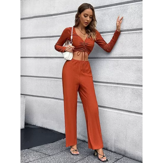 Casual High Waisted Solid Color V-Neck Two Pieces Set Casual High Waisted Solid Color V-Neck Two Pieces Set