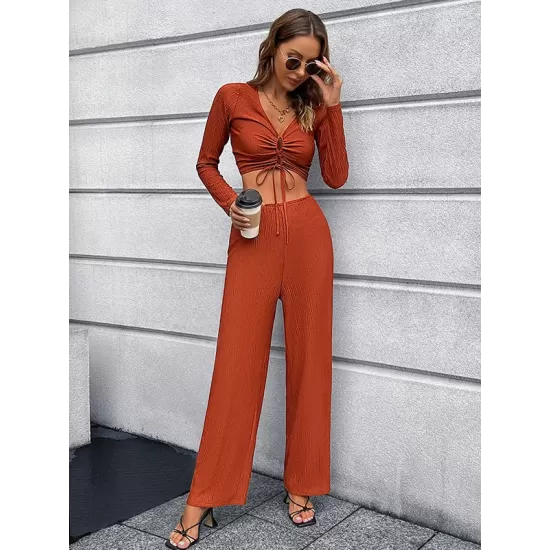 Casual High Waisted Solid Color V-Neck Two Pieces Set Casual High Waisted Solid Color V-Neck Two Pieces Set