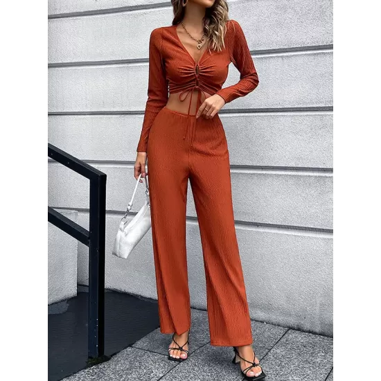 Casual High Waisted Solid Color V-Neck Two Pieces Set Casual High Waisted Solid Color V-Neck Two Pieces Set