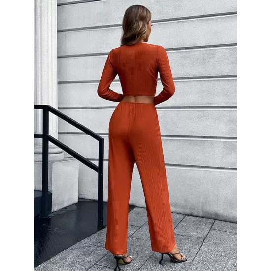 Casual High Waisted Solid Color V-Neck Two Pieces Set Casual High Waisted Solid Color V-Neck Two Pieces Set