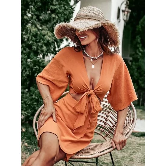 Casual Half Sleeves Solid Color V-Neck Dress Casual Half Sleeves Solid Color V-Neck Dress