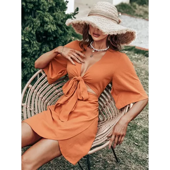 Casual Half Sleeves Solid Color V-Neck Dress Casual Half Sleeves Solid Color V-Neck Dress