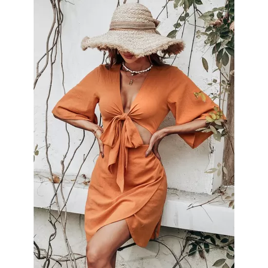 Casual Half Sleeves Solid Color V-Neck Dress Casual Half Sleeves Solid Color V-Neck Dress