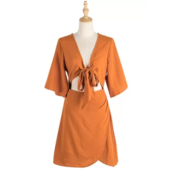 Casual Half Sleeves Solid Color V-Neck Dress Casual Half Sleeves Solid Color V-Neck Dress
