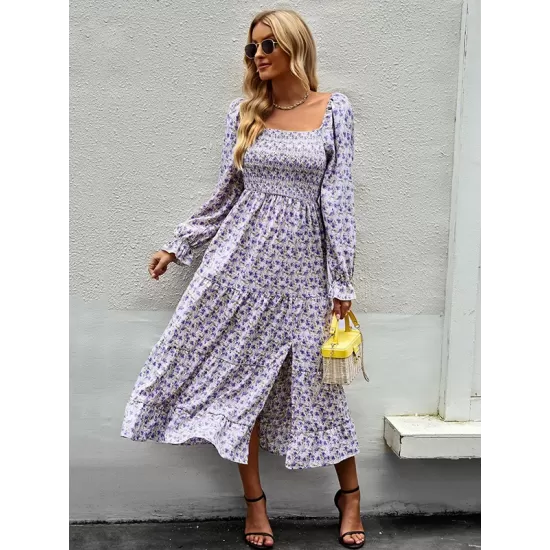 Bohemia Long Sleeves Floral Printed U-Neck Dress Bohemia Long Sleeves Floral Printed U-Neck Dress