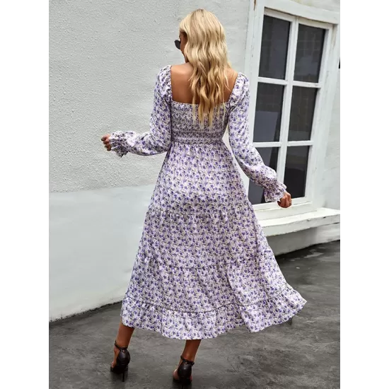 Bohemia Long Sleeves Floral Printed U-Neck Dress Bohemia Long Sleeves Floral Printed U-Neck Dress