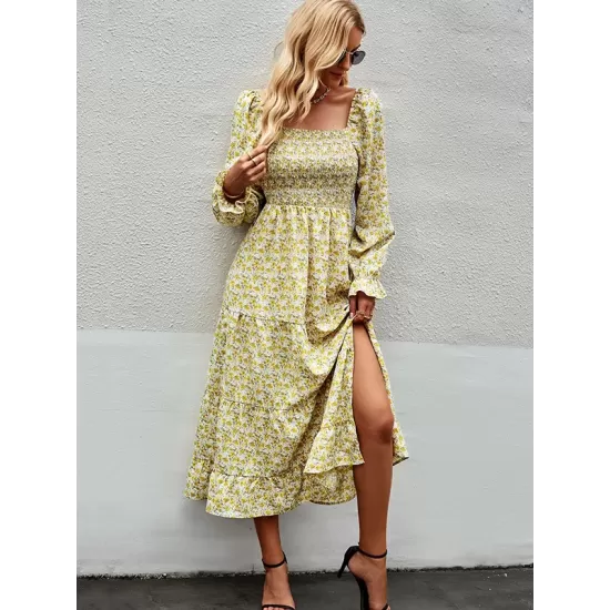 Bohemia Long Sleeves Floral Printed U-Neck Dress Bohemia Long Sleeves Floral Printed U-Neck Dress