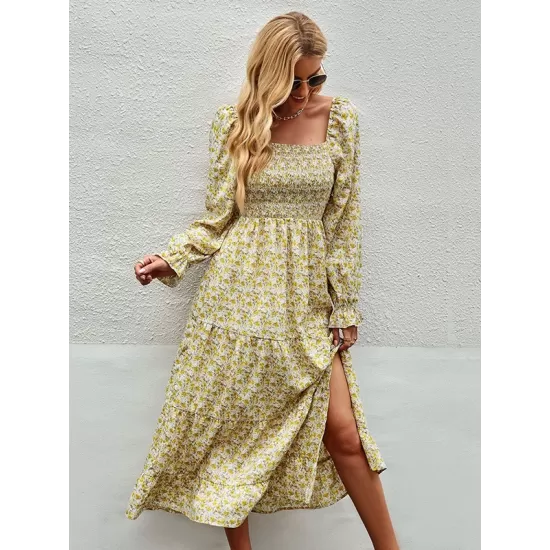 Bohemia Long Sleeves Floral Printed U-Neck Dress Bohemia Long Sleeves Floral Printed U-Neck Dress