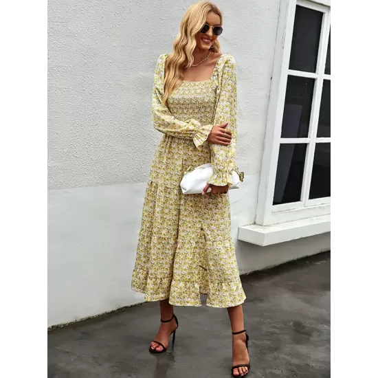 Bohemia Long Sleeves Floral Printed U-Neck Dress Bohemia Long Sleeves Floral Printed U-Neck Dress