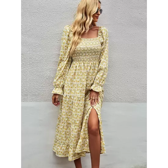 Bohemia Long Sleeves Floral Printed U-Neck Dress Bohemia Long Sleeves Floral Printed U-Neck Dress