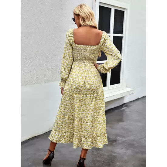 Bohemia Long Sleeves Floral Printed U-Neck Dress Bohemia Long Sleeves Floral Printed U-Neck Dress
