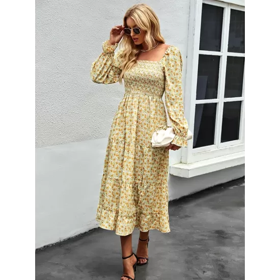 Bohemia Long Sleeves Floral Printed U-Neck Dress Bohemia Long Sleeves Floral Printed U-Neck Dress