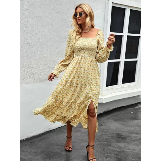Bohemia Long Sleeves Floral Printed U-Neck Dress Bohemia Long Sleeves Floral Printed U-Neck Dress