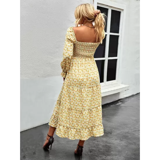 Bohemia Long Sleeves Floral Printed U-Neck Dress Bohemia Long Sleeves Floral Printed U-Neck Dress