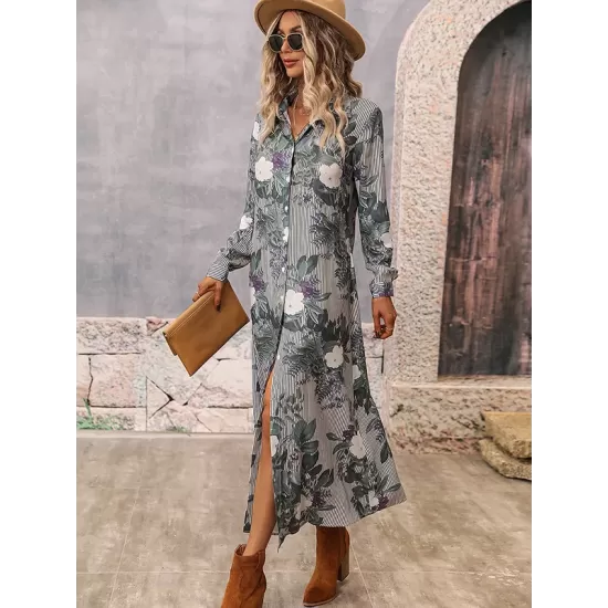 Casual Long Sleeves Floral Polo Dress Casual Long Sleeves Floral Polo Dress