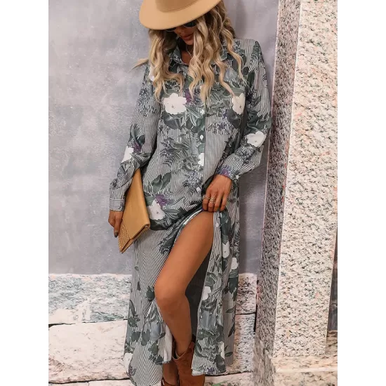 Casual Long Sleeves Floral Polo Dress Casual Long Sleeves Floral Polo Dress