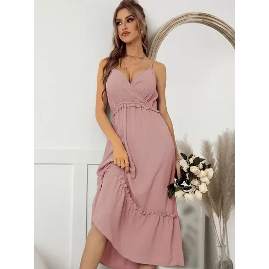 Vacation A-Line Solid Color V-Neck Dress