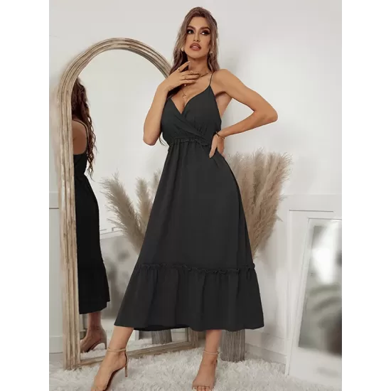 Vacation A-Line Solid Color V-Neck Dress