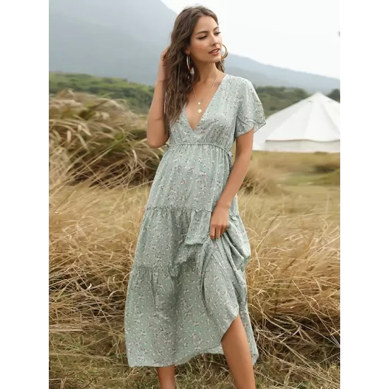 Falbala Empire Short Sleeves Midi Dresses Falbala Empire Short Sleeves Midi Dresses