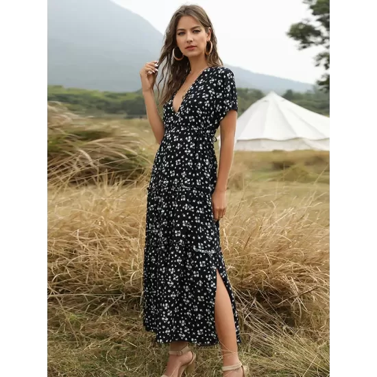 Falbala Empire Short Sleeves Midi Dresses Falbala Empire Short Sleeves Midi Dresses