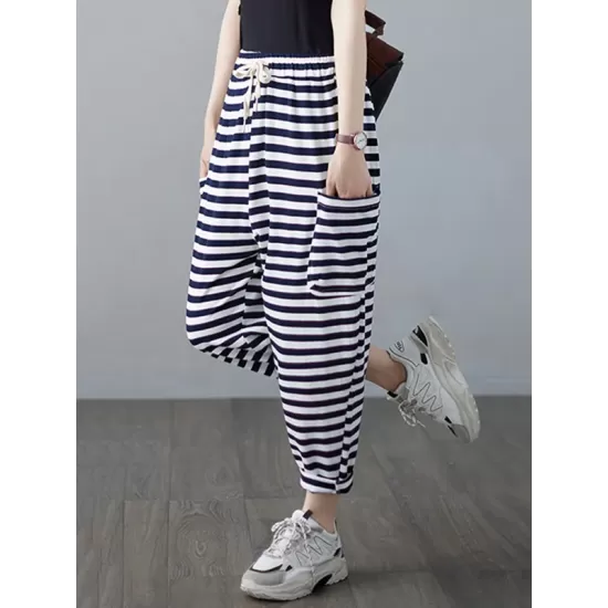 Loose Striped Drawstring Harem Sports Pants Loose Striped Drawstring Harem Sports Pants