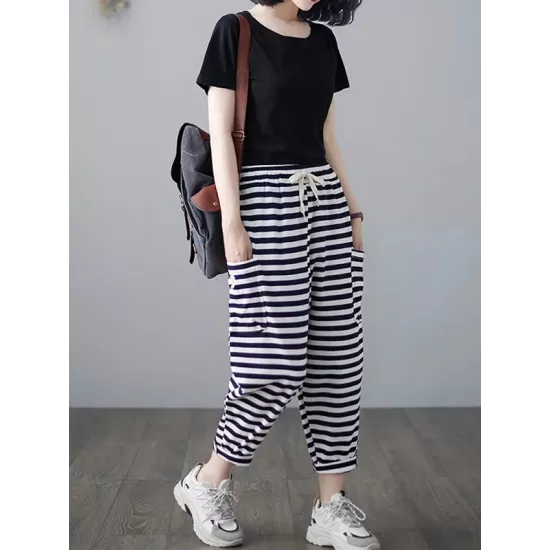 Loose Striped Drawstring Harem Sports Pants Loose Striped Drawstring Harem Sports Pants