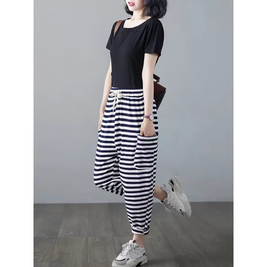Loose Striped Drawstring Harem Sports Pants Loose Striped Drawstring Harem Sports Pants