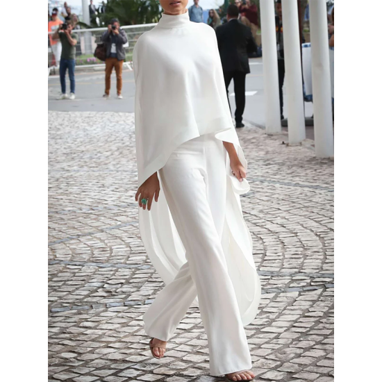High-Low Loose Solid Color High-Neck T-Shirt Tops&Pants Two Pieces Set High-Low Loose Solid Color High-Neck T-Shirt Tops&Pants Two Pieces Set