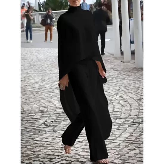 High-Low Loose Solid Color High-Neck T-Shirt Tops&Pants Two Pieces Set High-Low Loose Solid Color High-Neck T-Shirt Tops&Pants Two Pieces Set