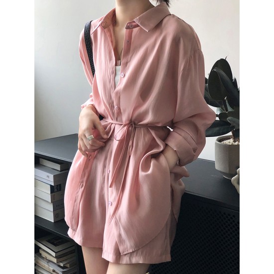 Loose Solid Color Long Sleeves Blouse + Pleated Shorts Two Pieces Set Loose Solid Color Long Sleeves Blouse + Pleated Shorts Two Pieces Set