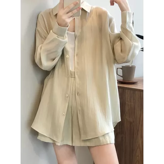 Loose Solid Color Long Sleeves Blouse + Pleated Shorts Two Pieces Set Loose Solid Color Long Sleeves Blouse + Pleated Shorts Two Pieces Set