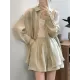 Loose Solid Color Long Sleeves Blouse + Pleated Shorts Two Pieces Set Loose Solid Color Long Sleeves Blouse + Pleated Shorts Two Pieces Set