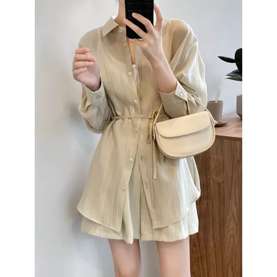 Loose Solid Color Long Sleeves Blouse + Pleated Shorts Two Pieces Set Loose Solid Color Long Sleeves Blouse + Pleated Shorts Two Pieces Set