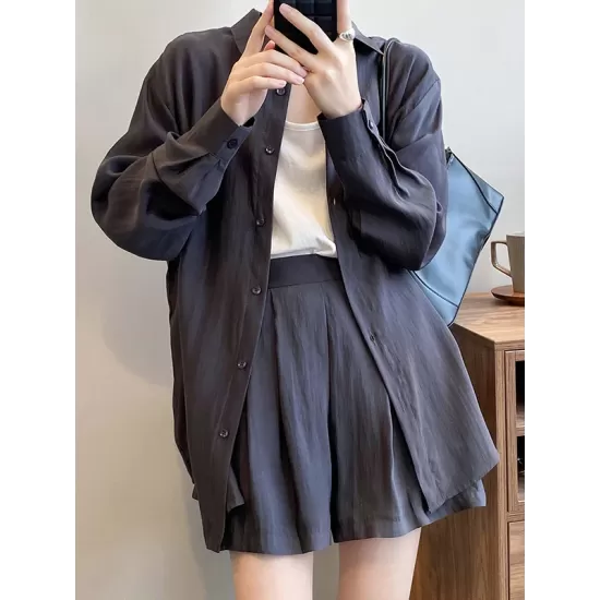 Loose Solid Color Long Sleeves Blouse + Pleated Shorts Two Pieces Set Loose Solid Color Long Sleeves Blouse + Pleated Shorts Two Pieces Set