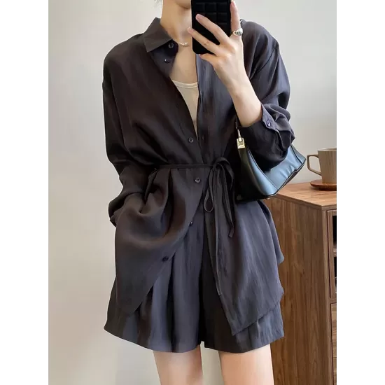 Loose Solid Color Long Sleeves Blouse + Pleated Shorts Two Pieces Set Loose Solid Color Long Sleeves Blouse + Pleated Shorts Two Pieces Set