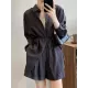 Loose Solid Color Long Sleeves Blouse + Pleated Shorts Two Pieces Set Loose Solid Color Long Sleeves Blouse + Pleated Shorts Two Pieces Set