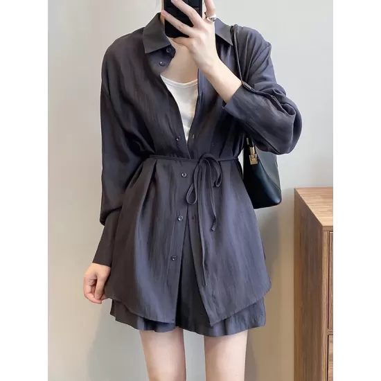 Loose Solid Color Long Sleeves Blouse + Pleated Shorts Two Pieces Set Loose Solid Color Long Sleeves Blouse + Pleated Shorts Two Pieces Set