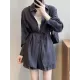 Loose Solid Color Long Sleeves Blouse + Pleated Shorts Two Pieces Set Loose Solid Color Long Sleeves Blouse + Pleated Shorts Two Pieces Set