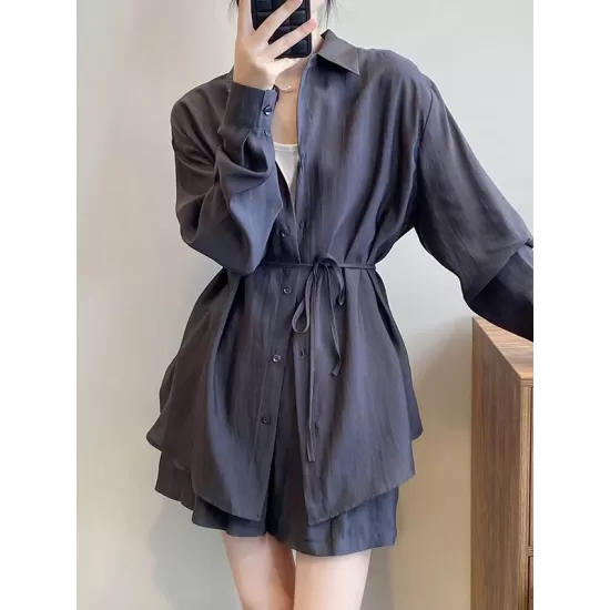 Loose Solid Color Long Sleeves Blouse + Pleated Shorts Two Pieces Set Loose Solid Color Long Sleeves Blouse + Pleated Shorts Two Pieces Set