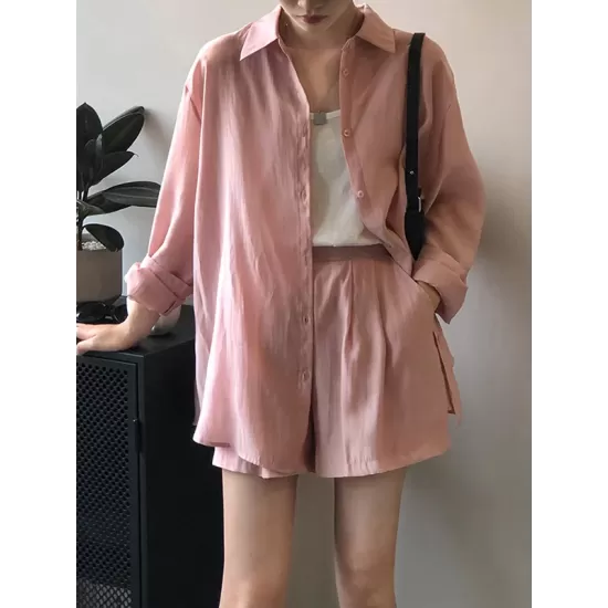 Loose Solid Color Long Sleeves Blouse + Pleated Shorts Two Pieces Set Loose Solid Color Long Sleeves Blouse + Pleated Shorts Two Pieces Set