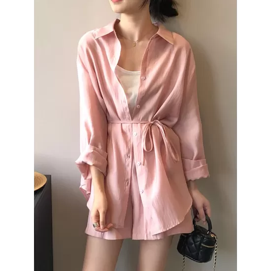 Loose Solid Color Long Sleeves Blouse + Pleated Shorts Two Pieces Set Loose Solid Color Long Sleeves Blouse + Pleated Shorts Two Pieces Set