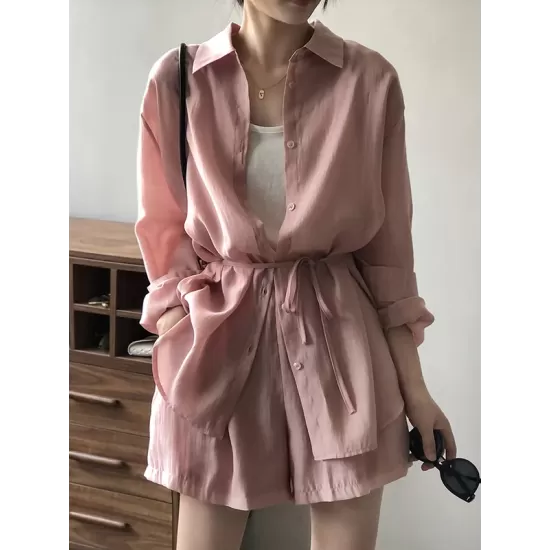 Loose Solid Color Long Sleeves Blouse + Pleated Shorts Two Pieces Set Loose Solid Color Long Sleeves Blouse + Pleated Shorts Two Pieces Set