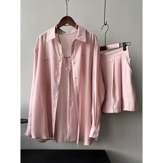 Loose Solid Color Long Sleeves Blouse + Pleated Shorts Two Pieces Set Loose Solid Color Long Sleeves Blouse + Pleated Shorts Two Pieces Set