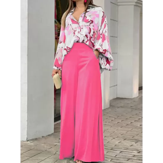 Loose Long Sleeves Floral Printed Blouses + High-Waisted Solid CoLor Wide Leg Pants Trousers Two Pieces Set Loose Long Sleeves Floral Printed Blouses + High-Waisted Solid CoLor Wide Leg Pants Trousers Two Pieces Set