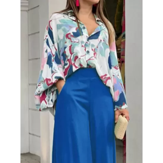 Loose Long Sleeves Floral Printed Blouses + High-Waisted Solid CoLor Wide Leg Pants Trousers Two Pieces Set Loose Long Sleeves Floral Printed Blouses + High-Waisted Solid CoLor Wide Leg Pants Trousers Two Pieces Set