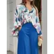 Loose Long Sleeves Floral Printed Blouses + High-Waisted Solid CoLor Wide Leg Pants Trousers Two Pieces Set Loose Long Sleeves Floral Printed Blouses + High-Waisted Solid CoLor Wide Leg Pants Trousers Two Pieces Set