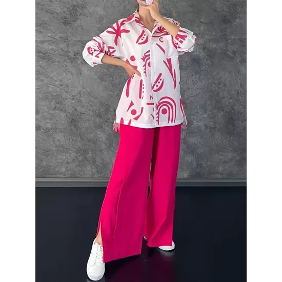 Lapel Printed High-Low Buttoned Pockets Blouse+ High Waisted Elasticity Pleated Split-Side Pants Two Pieces Set Lapel Printed High-Low Buttoned Pockets Blouse+ High Waisted Elasticity Pleated Split-Side Pants Two Pieces Set