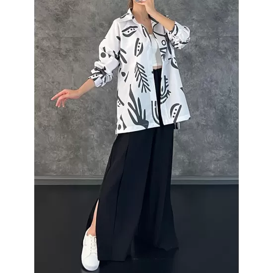 Lapel Printed High-Low Buttoned Pockets Blouse+ High Waisted Elasticity Pleated Split-Side Pants Two Pieces Set Lapel Printed High-Low Buttoned Pockets Blouse+ High Waisted Elasticity Pleated Split-Side Pants Two Pieces Set