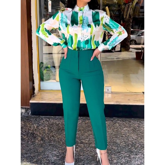 Long Sleeves Buttoned Printed Lapel Blouses Top + High Waisted Pants Bottom Two Pieces Set Long Sleeves Buttoned Printed Lapel Blouses Top + High Waisted Pants Bottom Two Pieces Set