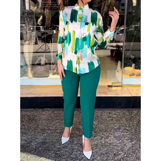 Long Sleeves Buttoned Printed Lapel Blouses Top + High Waisted Pants Bottom Two Pieces Set Long Sleeves Buttoned Printed Lapel Blouses Top + High Waisted Pants Bottom Two Pieces Set